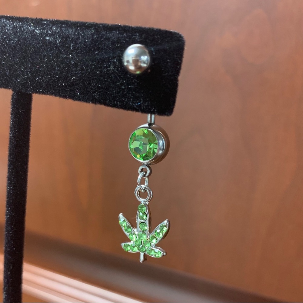 Green Rhinestone Potleaf Belly Navel Ring